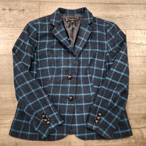 Talbots Women's Blue Plaid Wool Blend Blazer Jacket Duck Print Lining Size 16